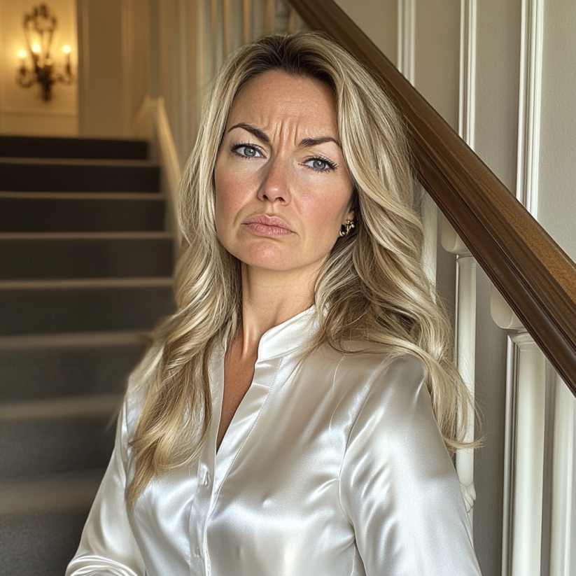 An upset woman standing on a staircase | Source: Midjourney