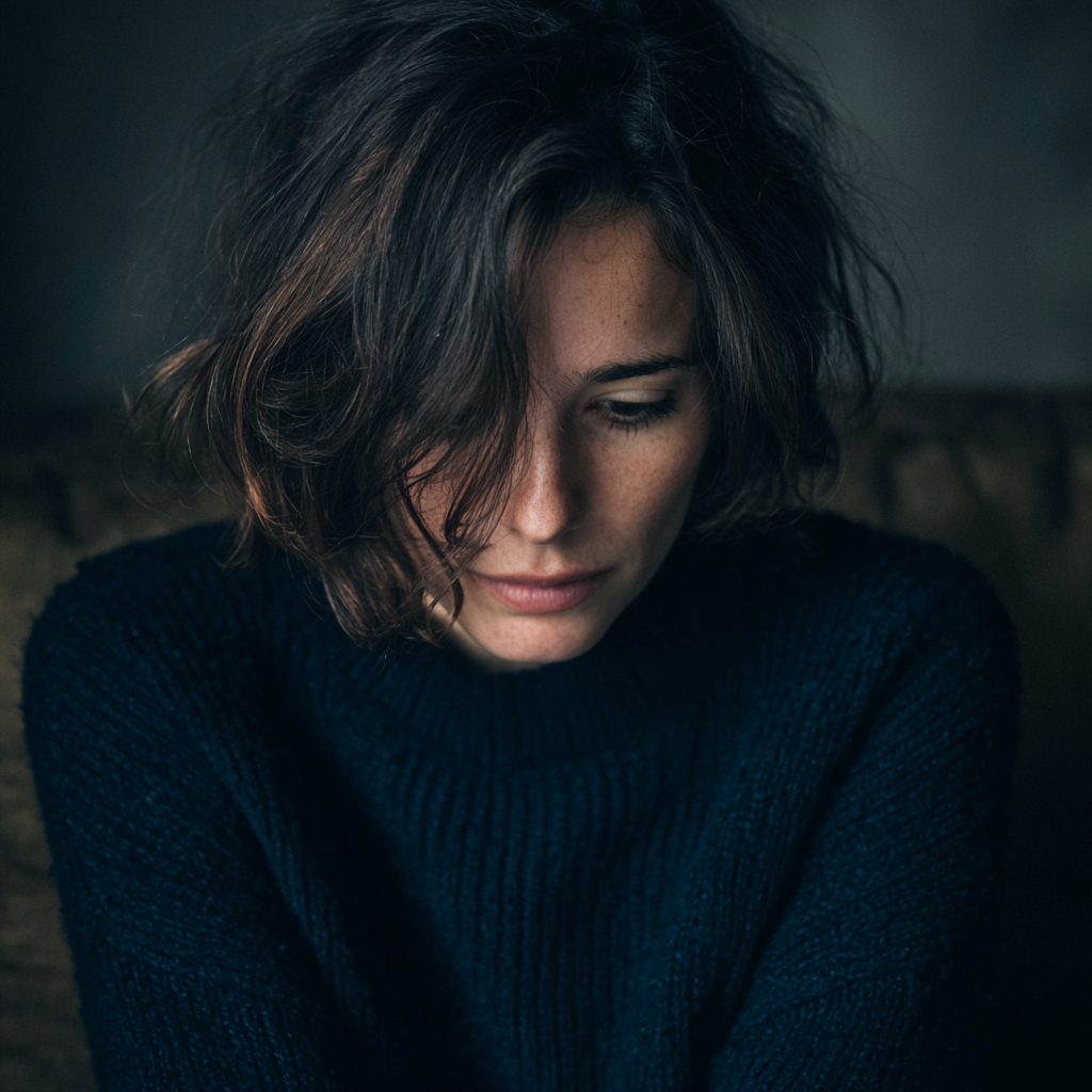 An emotional woman sitting on a couch | Source: Midjourney