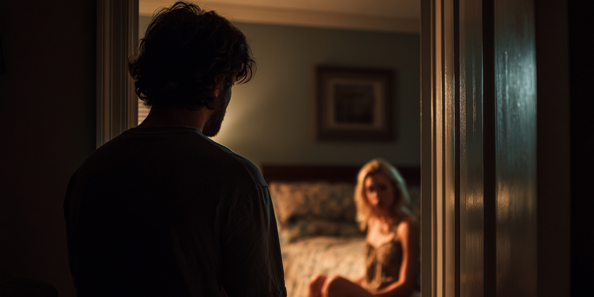 A man standing in a bedroom doorway staring at a woman | Source: Midjourney