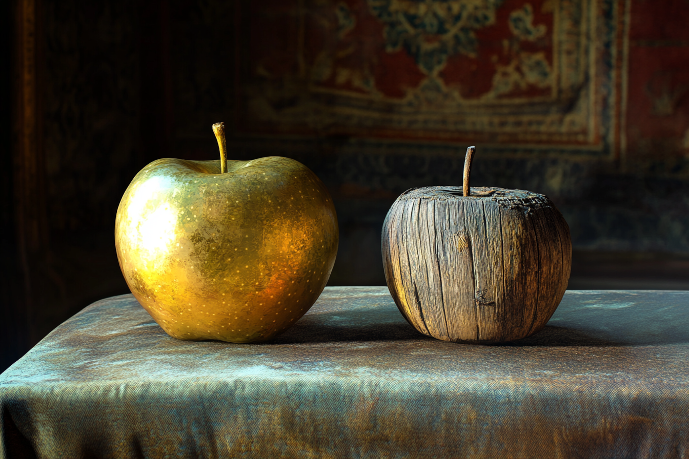 A golden apple and a weathered wooden apple | Source: Midjourney