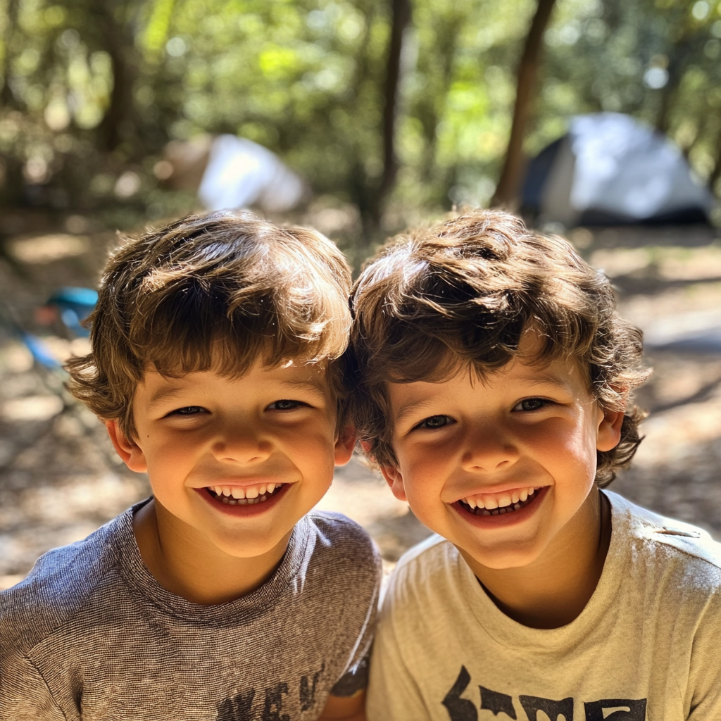 Meninos gêmeos em um acampamento | Fonte: Midjourney