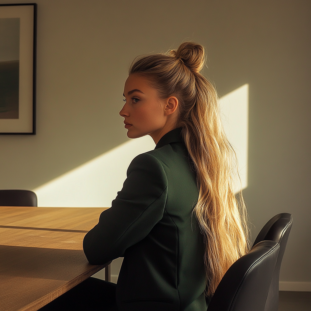 A woman sitting at a table | Source: Midjourney
