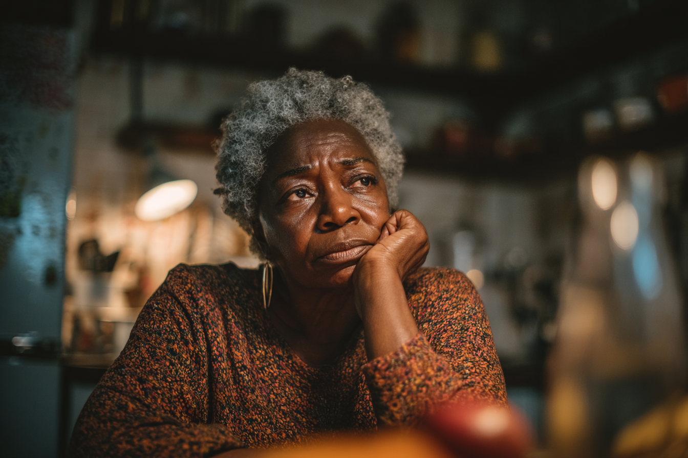A sad and thoughtful woman seated at a kitchen table | Source: Midjourney