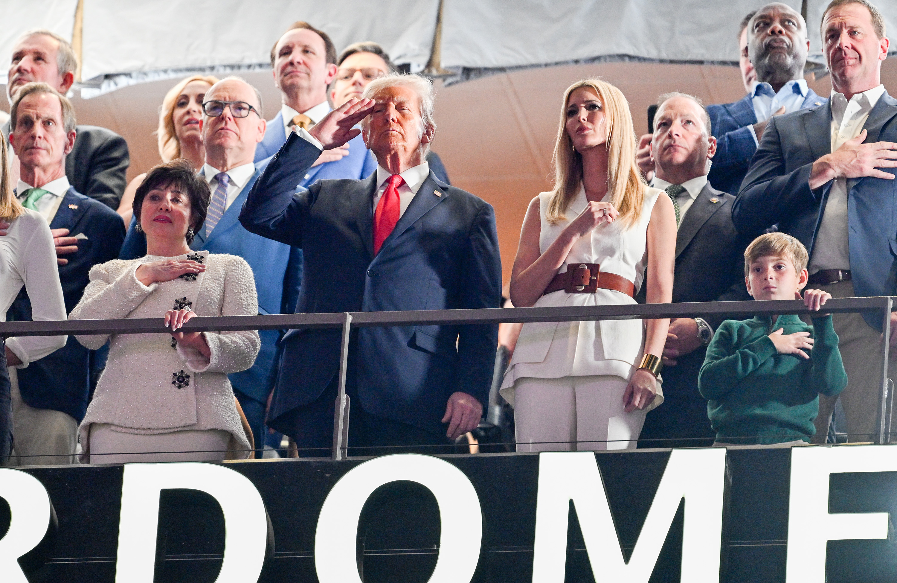 (L-R) Gayle Benson, Donald and Ivanka Trump stand for the national anthem during Super Bowl LIX on February 9, 2025, in New Orleans, Louisiana. | Source: Getty Images