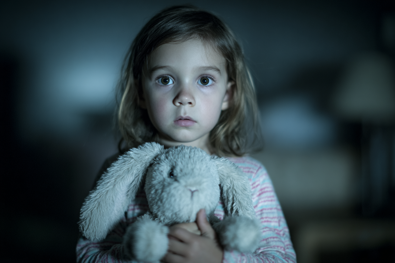 A frightened child clutching a stuffed rabbit | Source: Midjourney