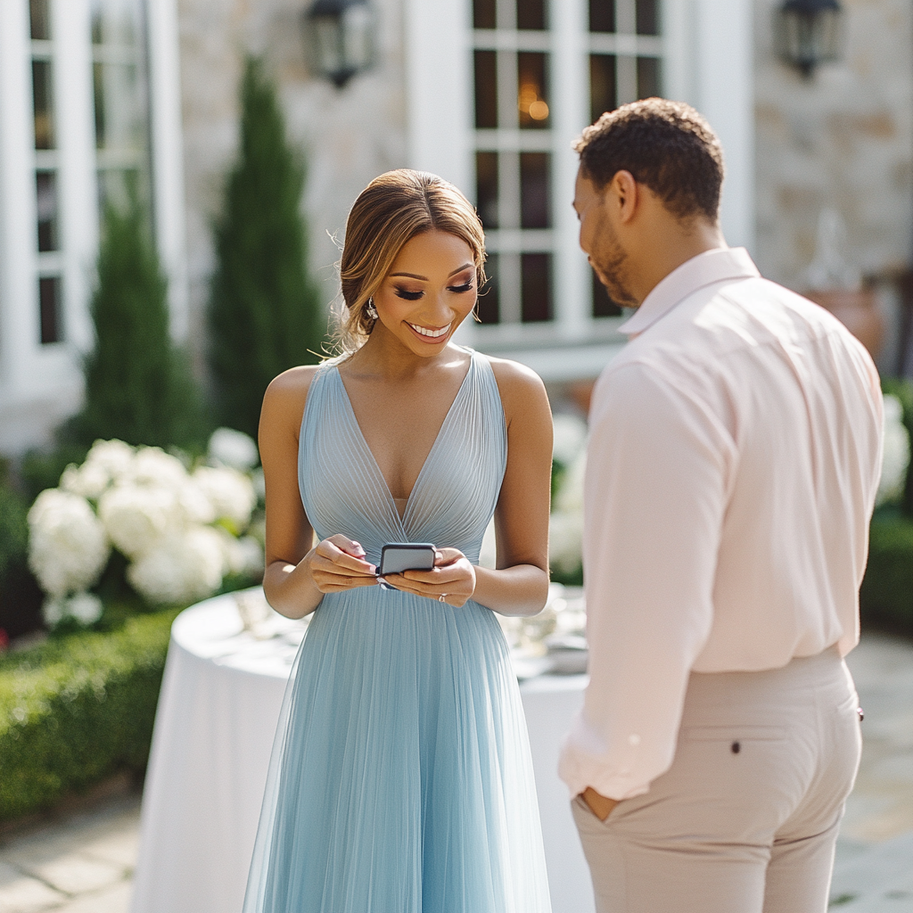 A happy woman using her phone while with her date at an event | Source: Midjourney