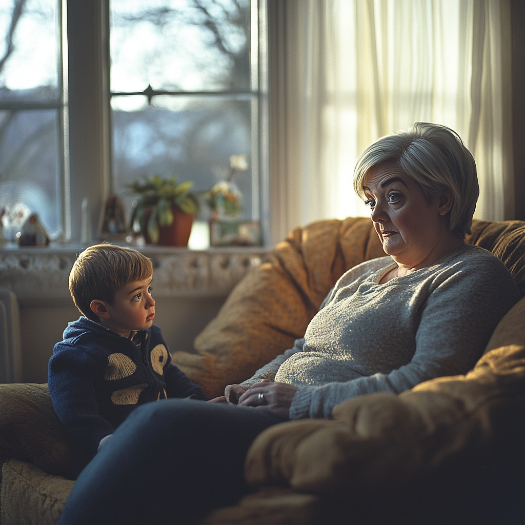 A stressed and distracted woman sitting on a couch while a little boy looks at her | Source: Midjourney