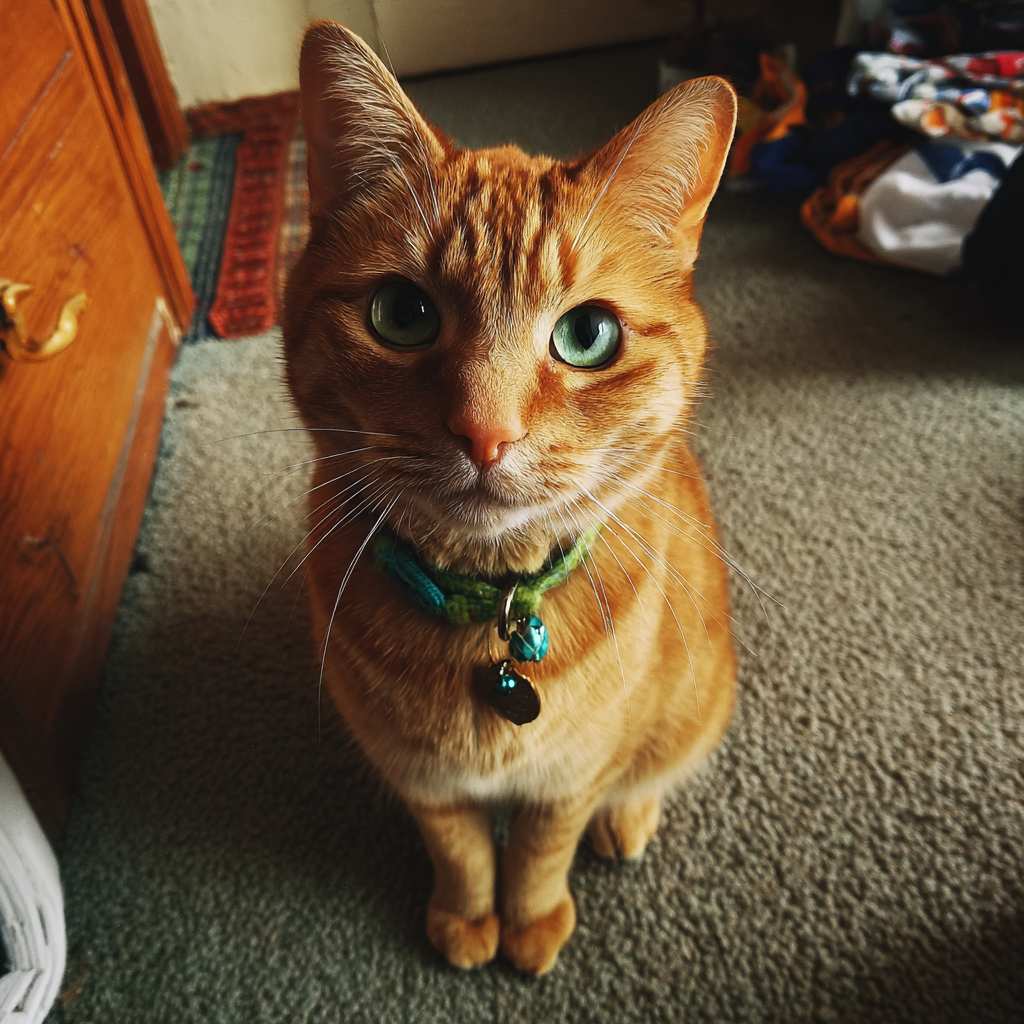 A ginger cat wearing a green collar | Source: Midjourney