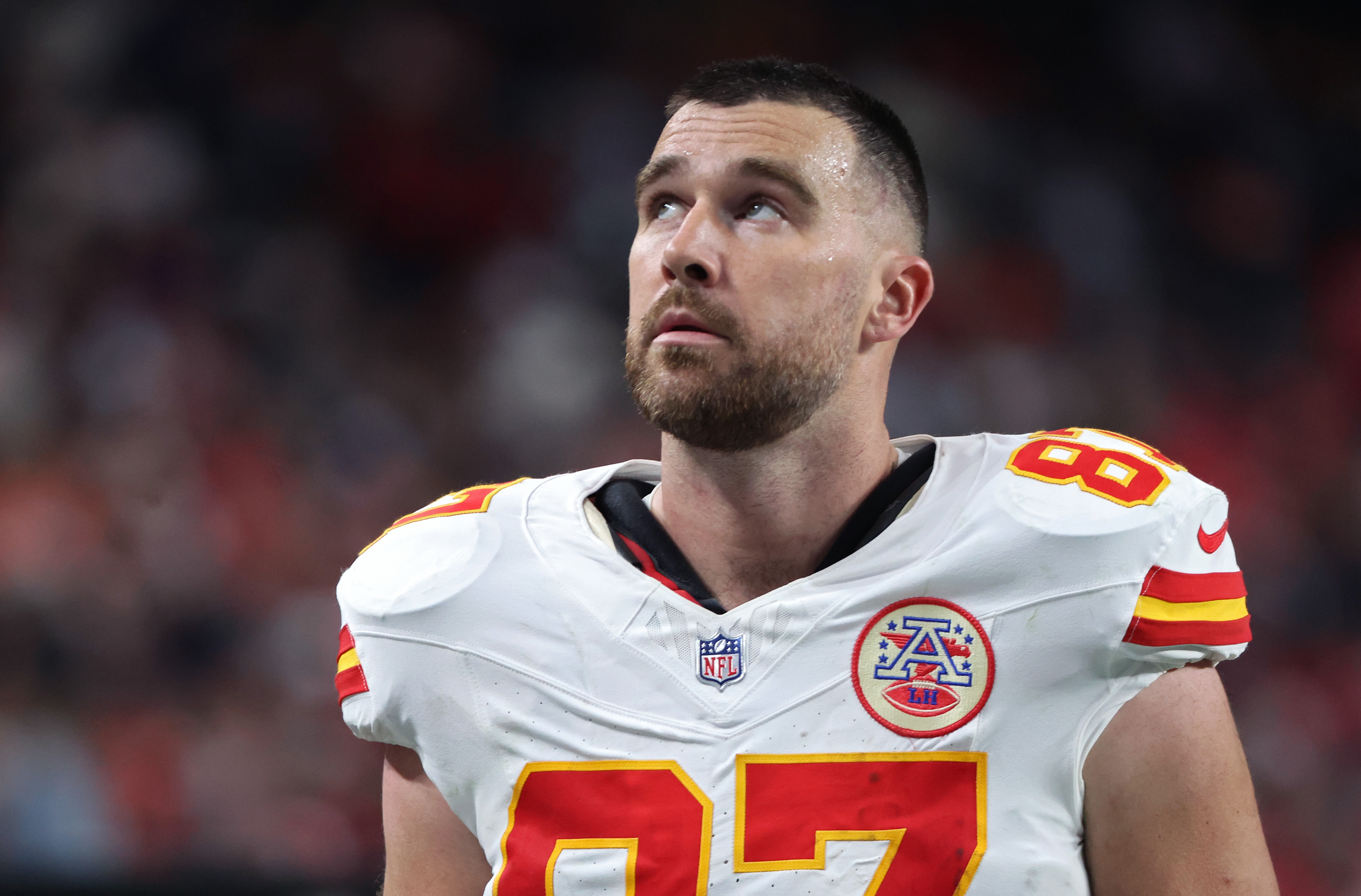 Travis Kelce of the Kansas City Chiefs during the second quarter of the game against the Las Vegas Raiders at Allegiant Stadium on January 4, 2026, in Las Vegas, Nevada. | Source: Getty Images
