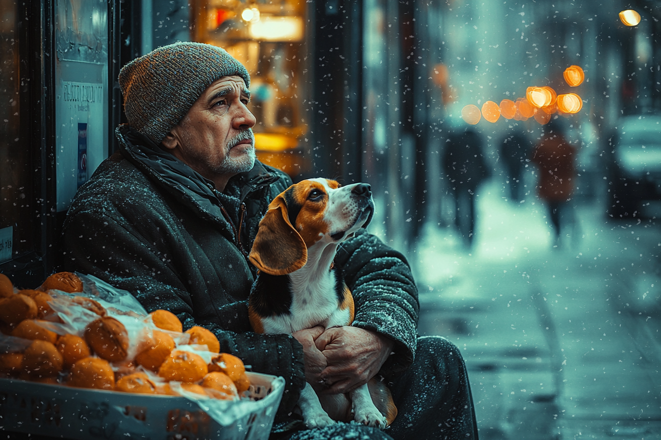 A homeless man hugging a dog tightly while sitting in front of a building and looking up | Source: Midjourney