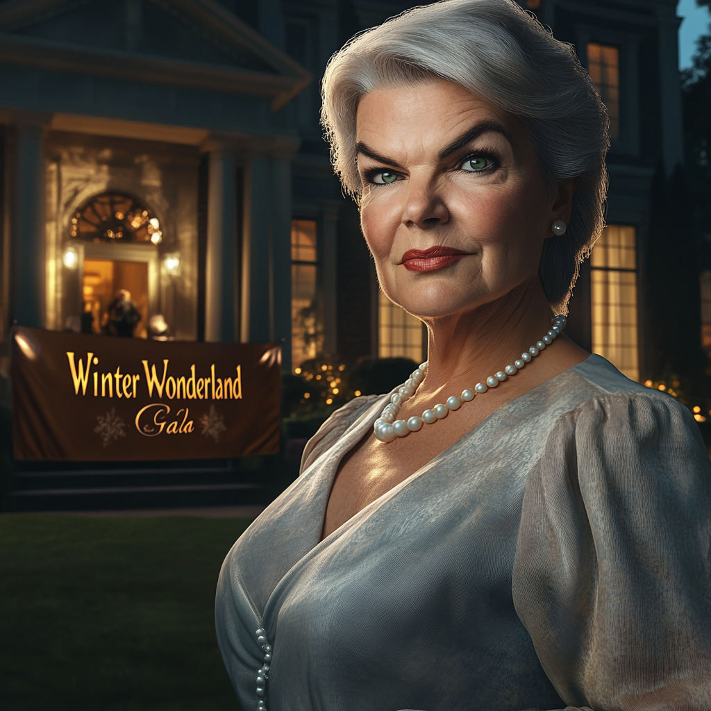 A wealthy older woman standing outside her mansion | Source: Midjourney