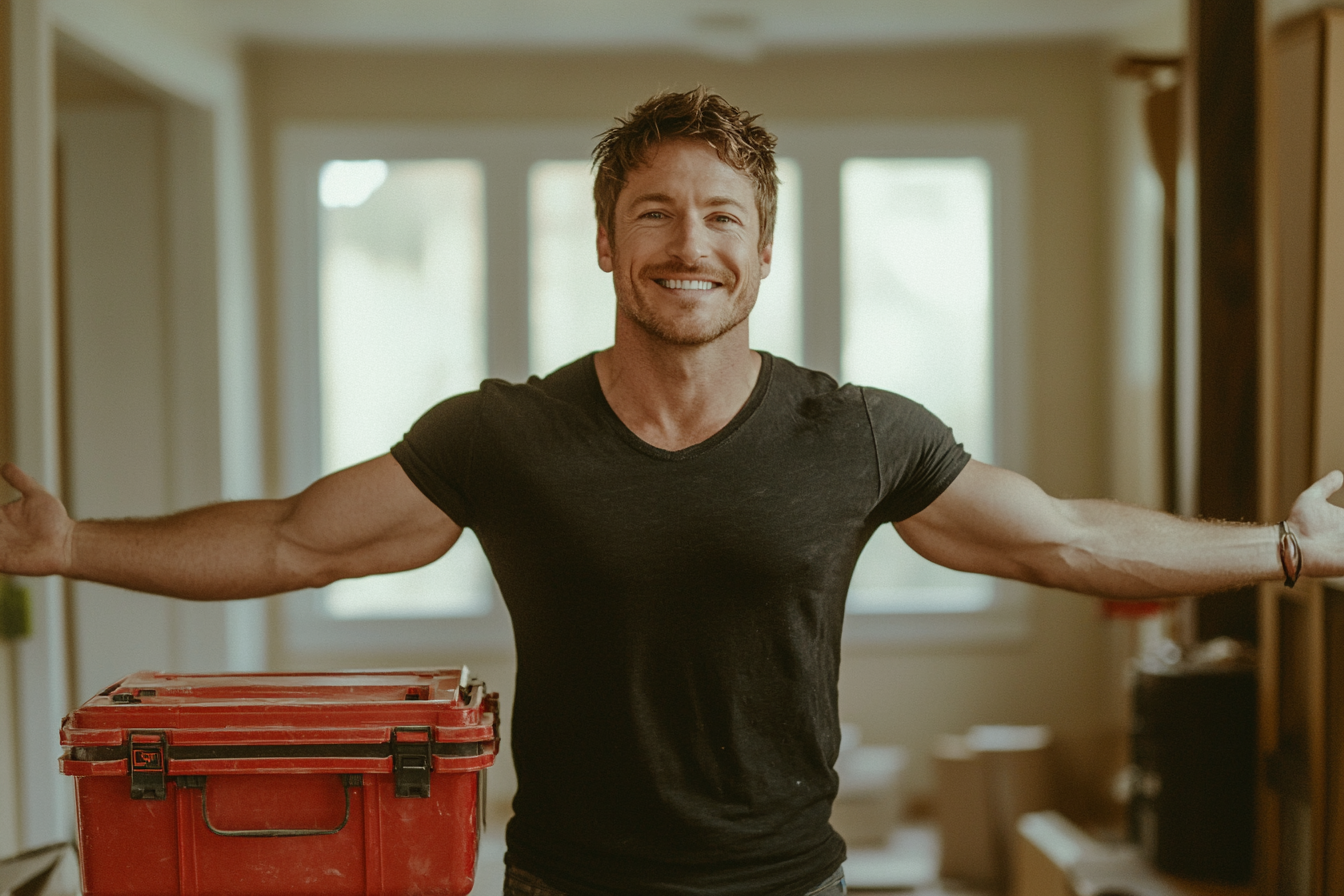 A man with arms spread, smiling, standing inside a house still under construction | Source: Midjourney