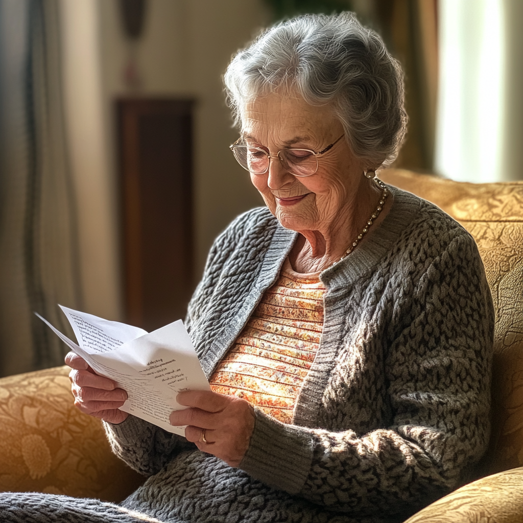 Senior woman smiling while reading a document | Source: Midjourney