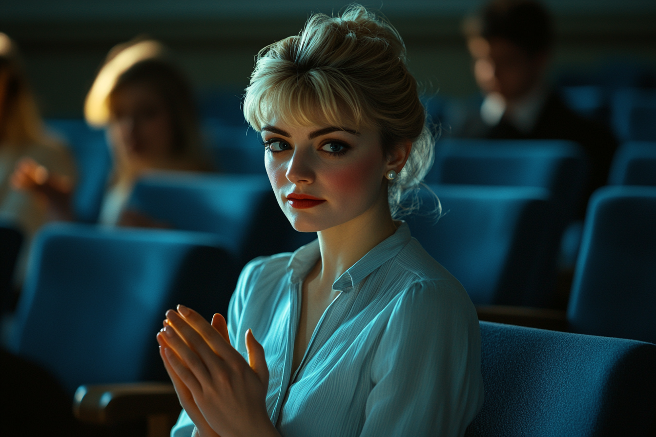 A woman clapping in an auditorium, looking sad | Source: Midjourney