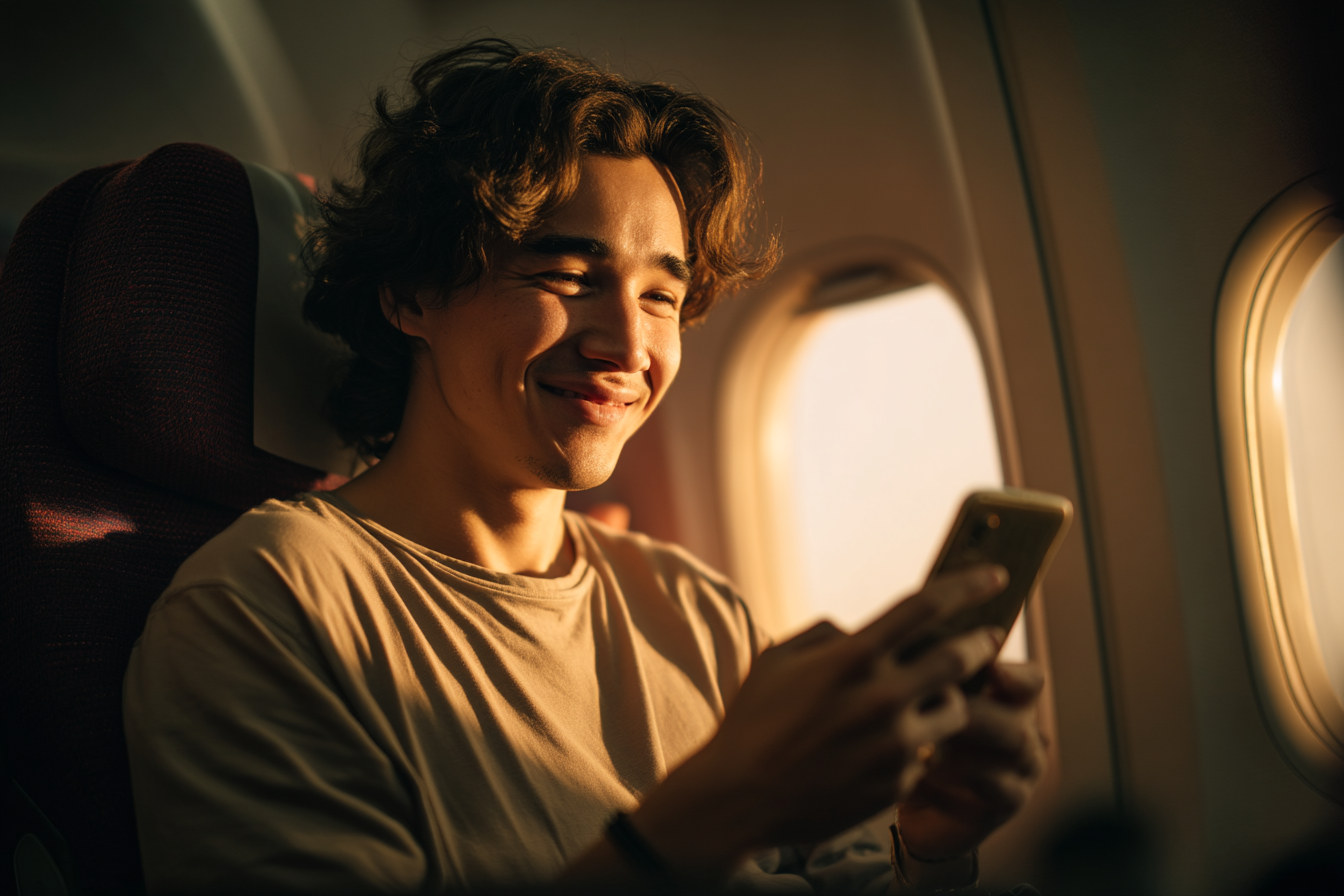 A man smiling while looking at his phone | Source: Midjourney
