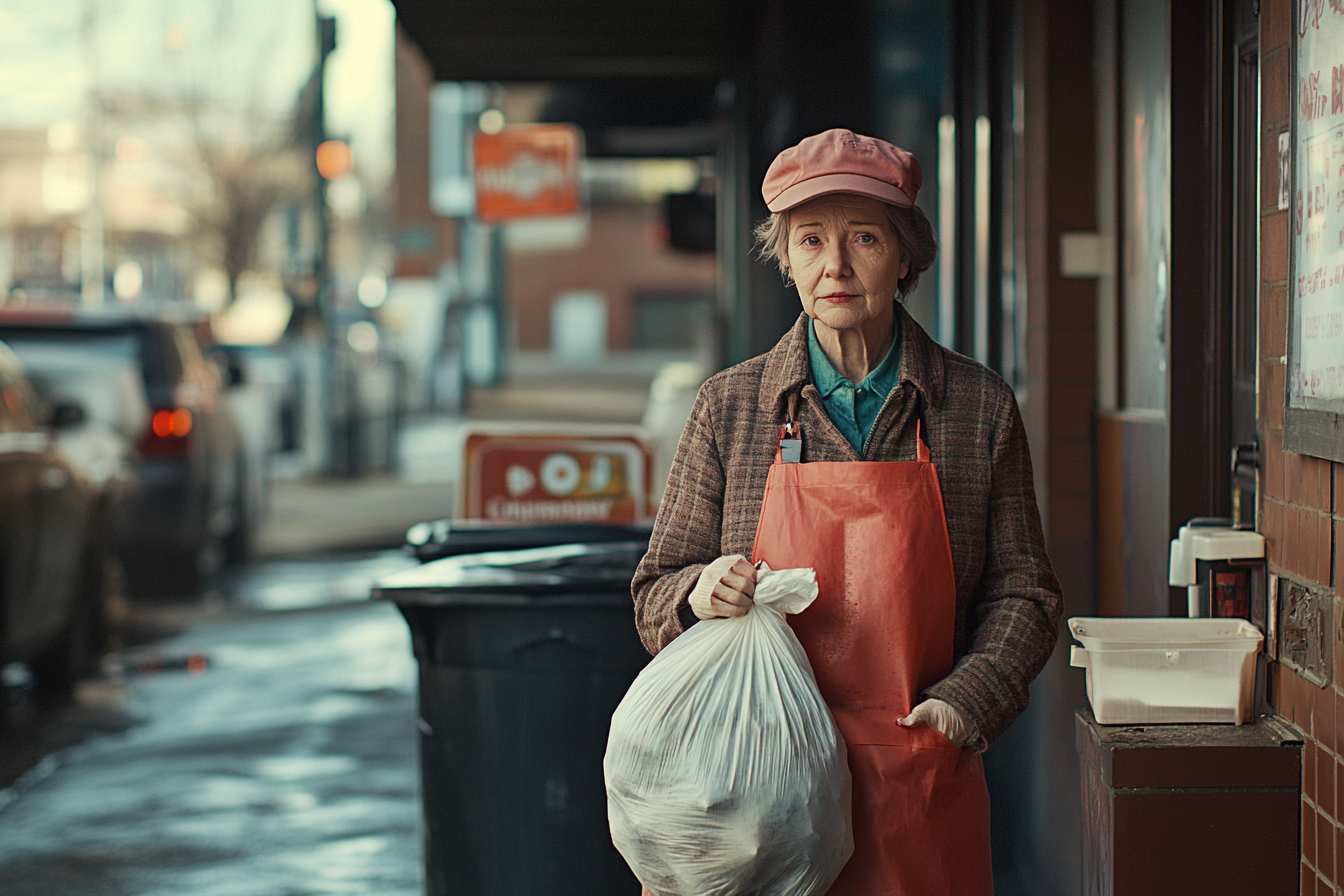 A woman holding a trash bag in an alley | Source: Midjourney