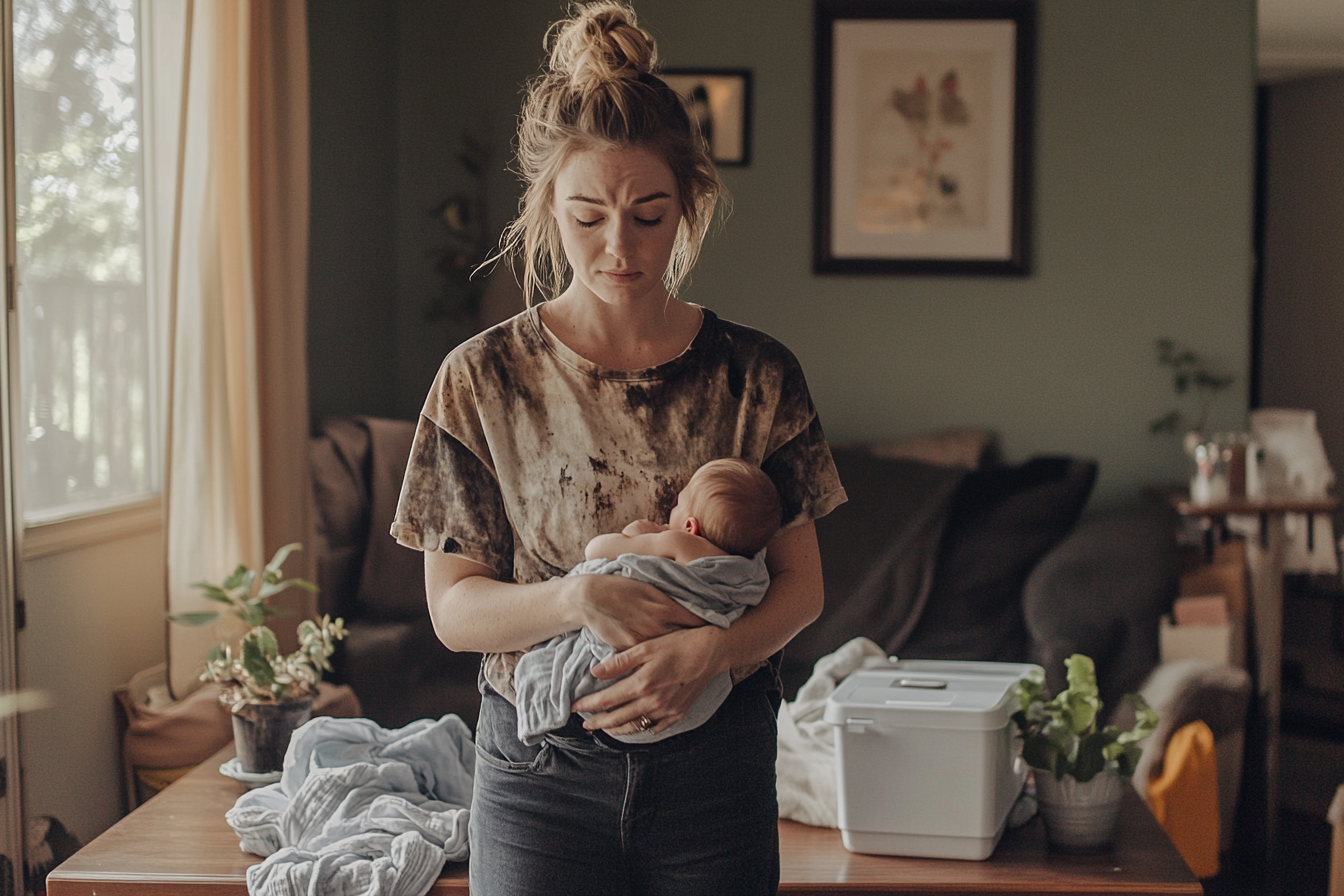 An exhausted woman holding a baby | Source: Midjourney