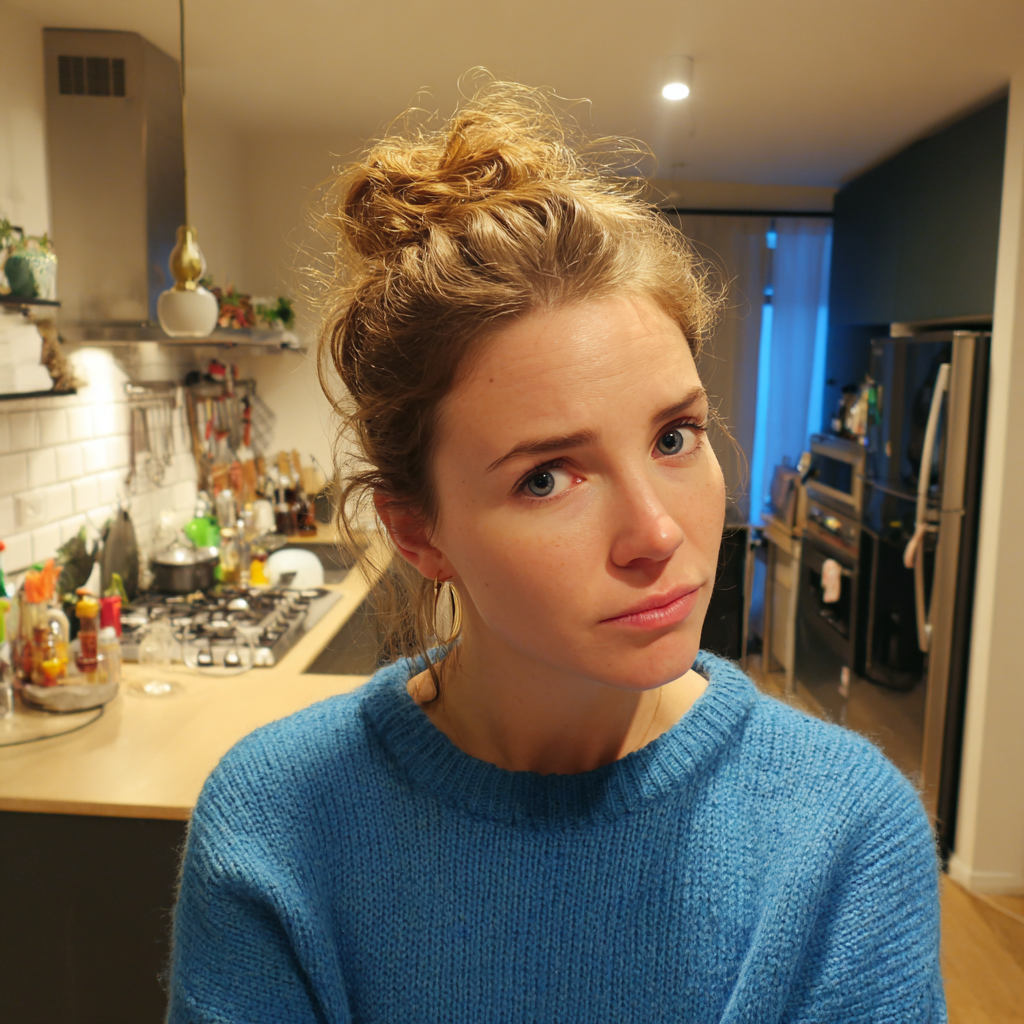 A woman wearing a blue sweater and standing in a kitchen | Source: Midjourney