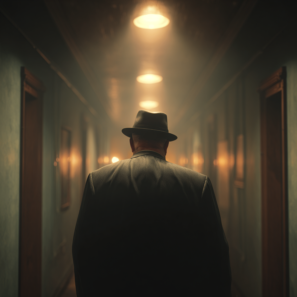 A man walking on a brightly-lit hallway | Source: Midjourney