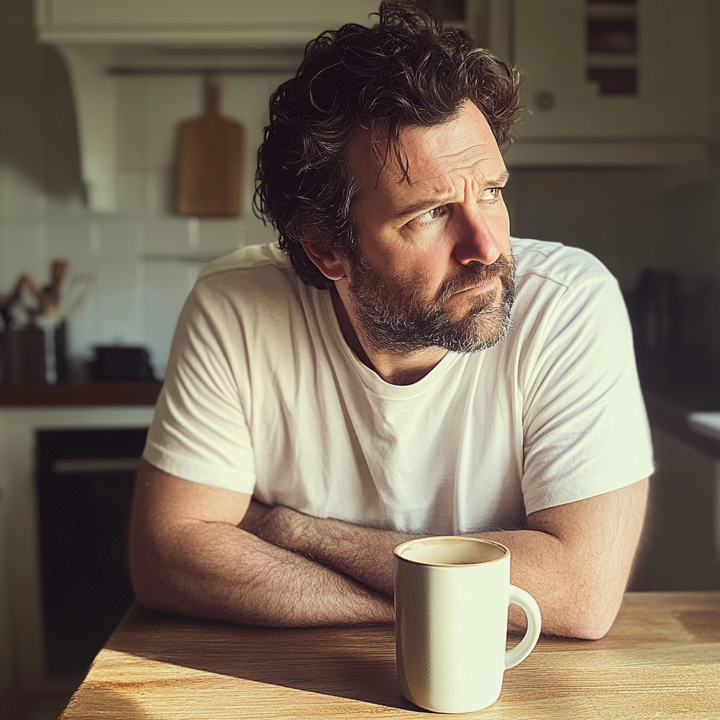 A man sitting at a kitchen counter with a cup of coffee | Source: Midjourney