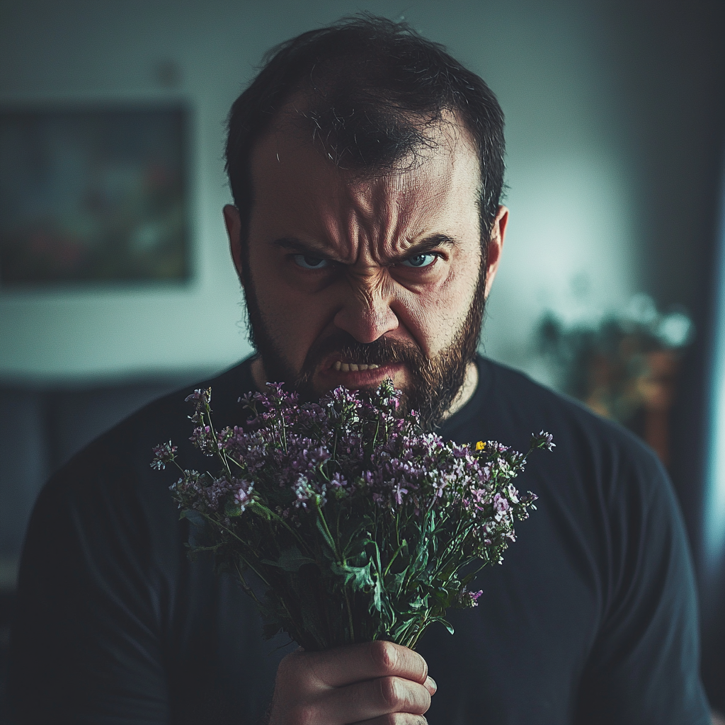 An angry man holding flowers | Source: Midjourney