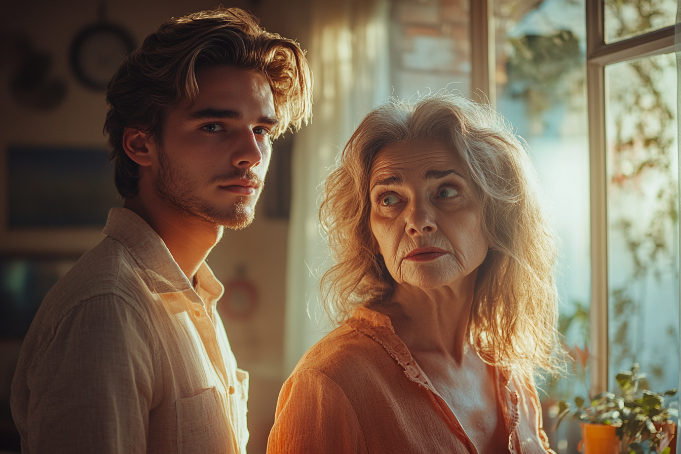 Man standing beside his shocked 50-year-old mother in a luxurious apartment | Source: Midjourney