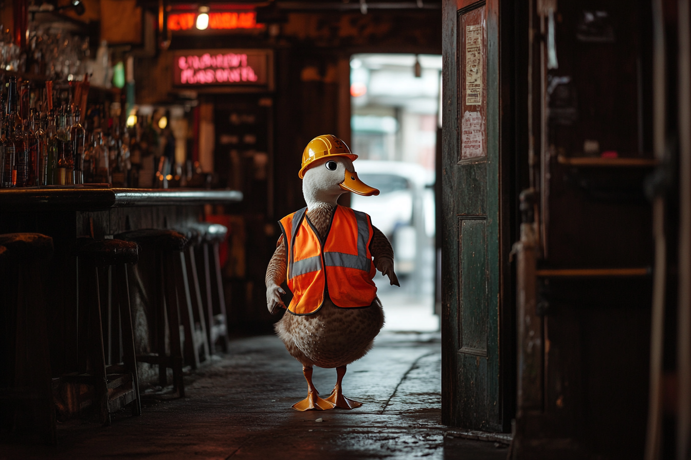 A duck in a construction worker's uniform waddling into a bar | Source: Midjourney