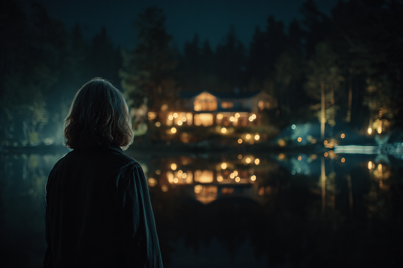 An older woman looking at a house across a lake | Source: Midjourney