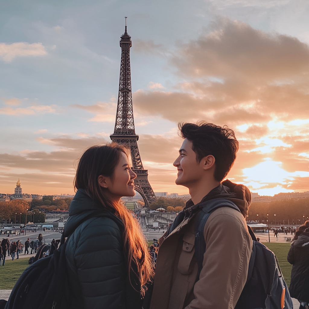 Young couple standing near the Eiffel tower | Source: Midjourney