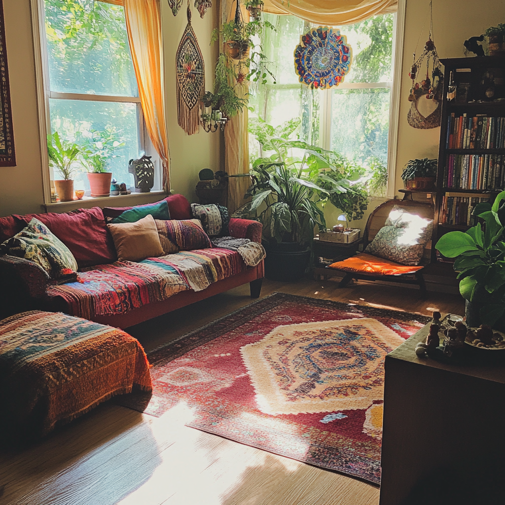 A bohemian themed living room | Source: Midjourney