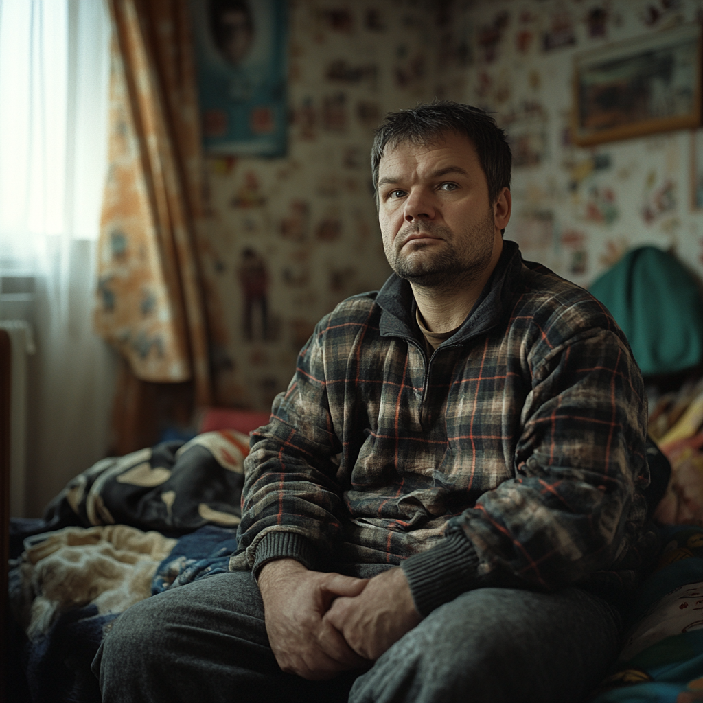 A man sitting in his late son's bedroom | Source: Midjourney