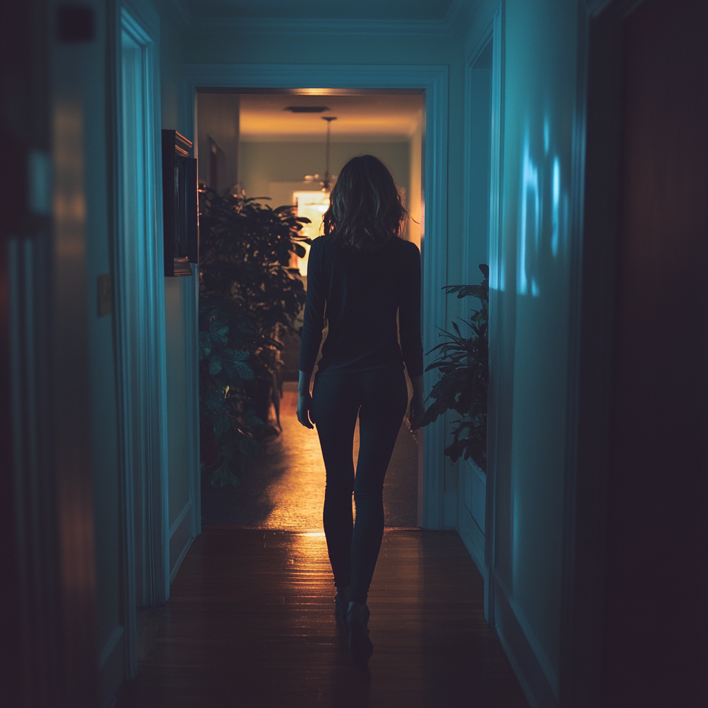 A woman walking along a corridor | Source: Midjourney