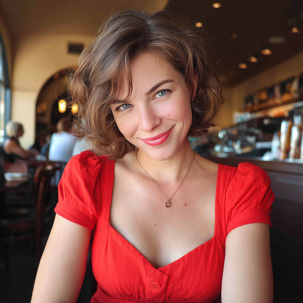 A smiling woman sitting at a table | Source: Midjourney