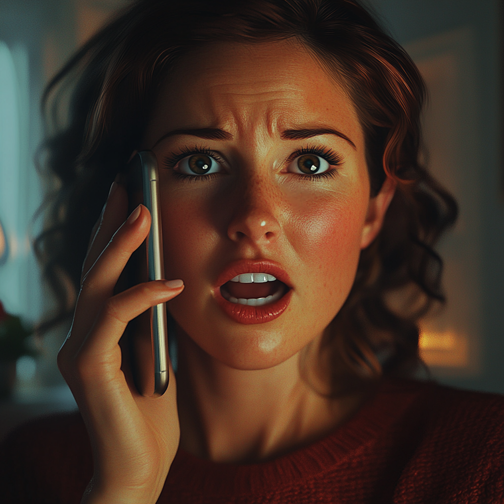 A startled woman talking on the phone | Source: Midjourney