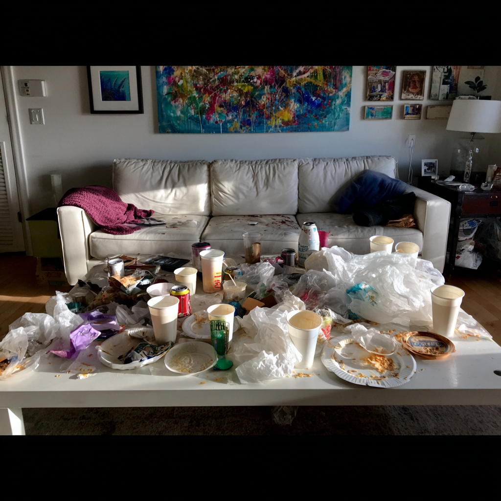 A coffee table littered with dirt | Source: Midjourney
