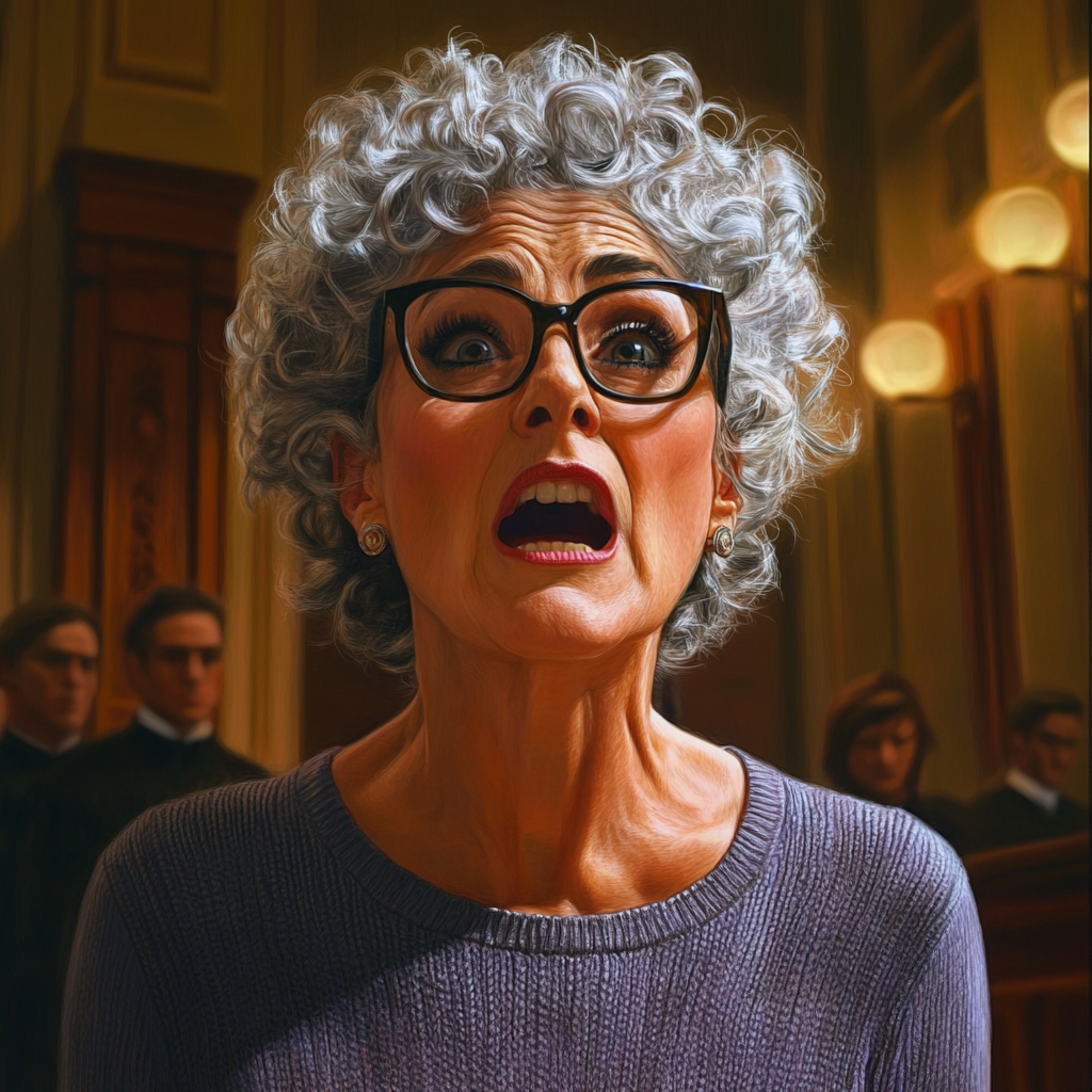 A stunned older woman in the courtroom | Source: Midjourney