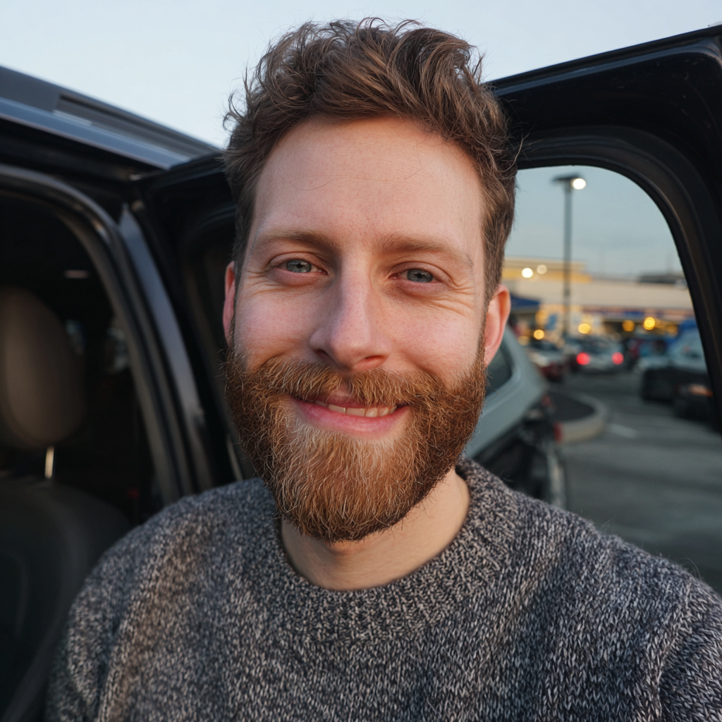 A smiling man standing next to a car | Source: Midjourney