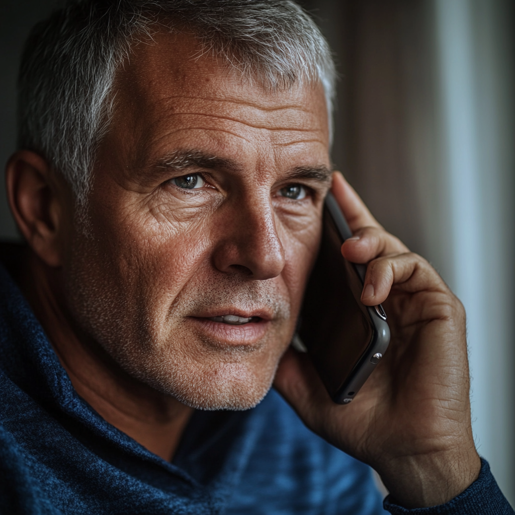 A senior man engaged in a serious phone conversation | Source: Midjourney