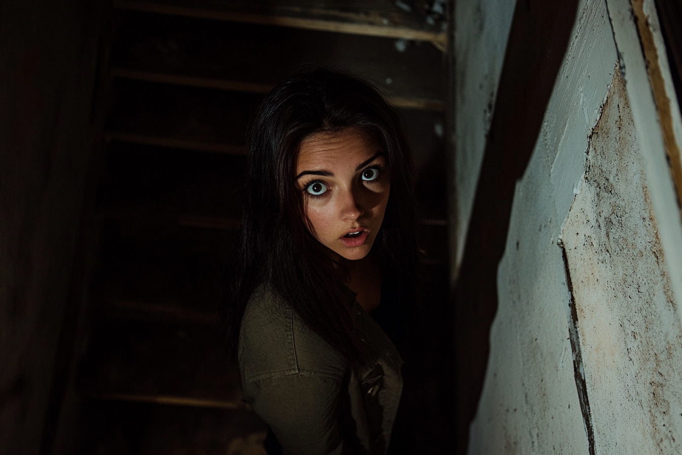 A woman standing on a basement staircase | Source: Midjourney