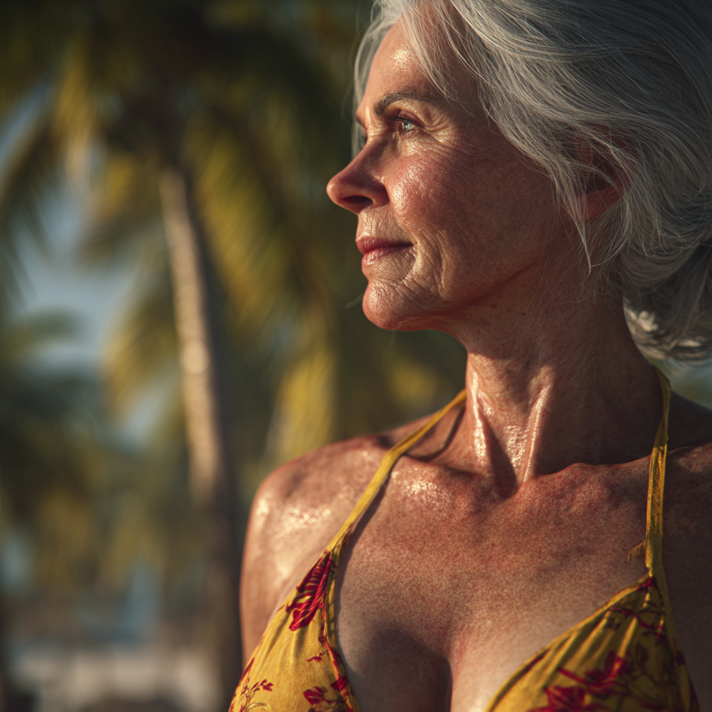 A senior woman in a yellow bikini at the beach | Source: Midjourney