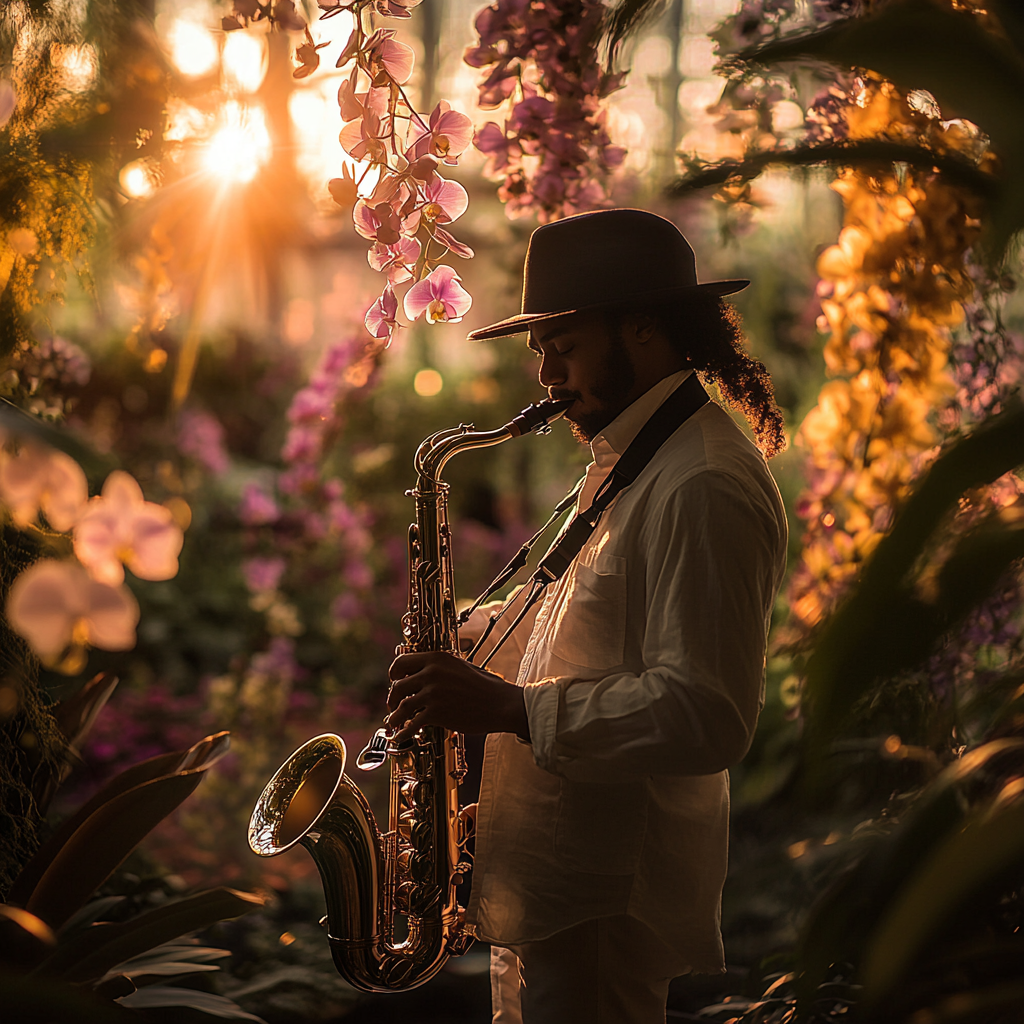 A saxophonist playing a saxophone in a botanical garden | Source: Midjourney