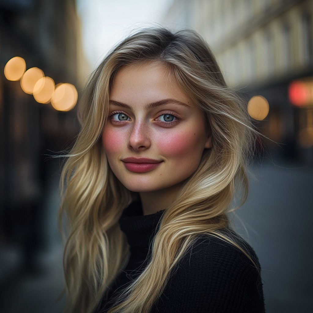 A young woman with a bright smile is standing outside and looking at someone | Source: Midjourney