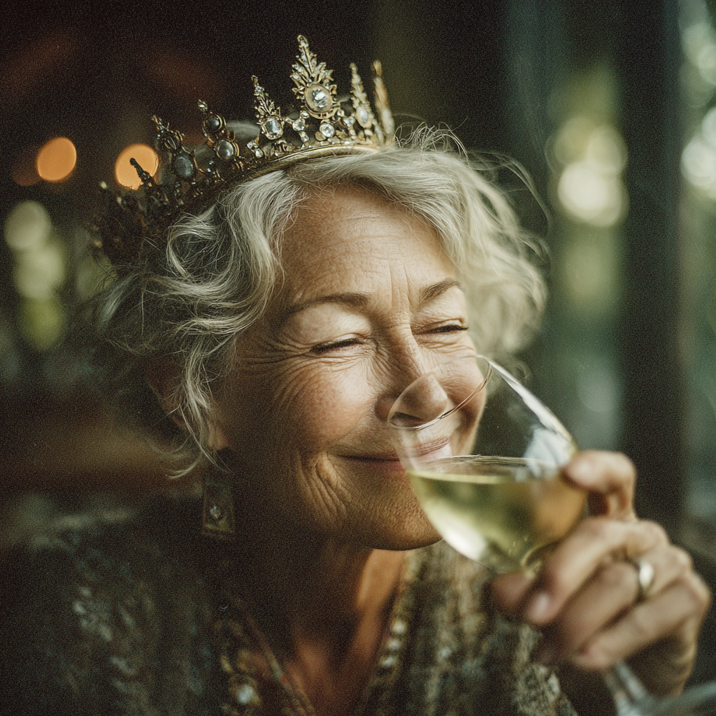 A happy woman wearing a tiara and drinking a beverage | Source: Midjourney