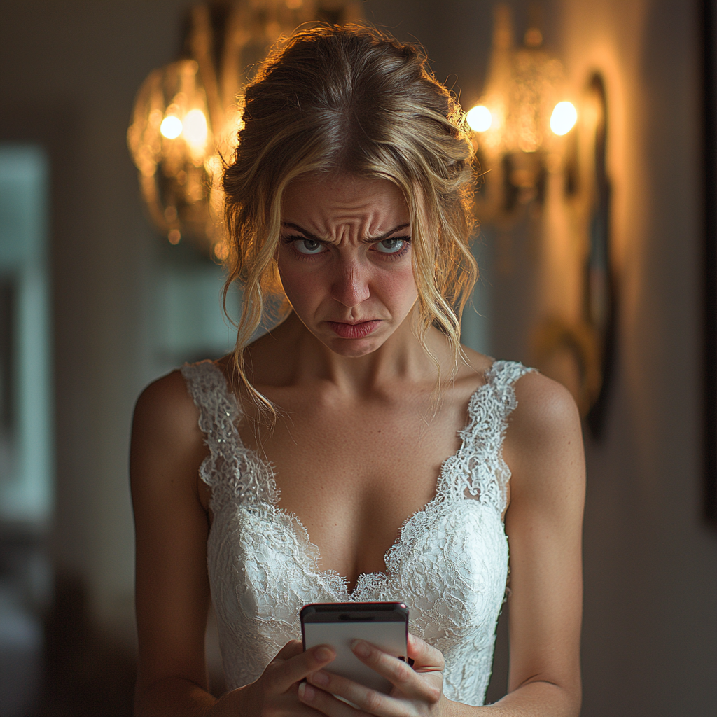 An angry bride holding her phone | Source: Midjourney