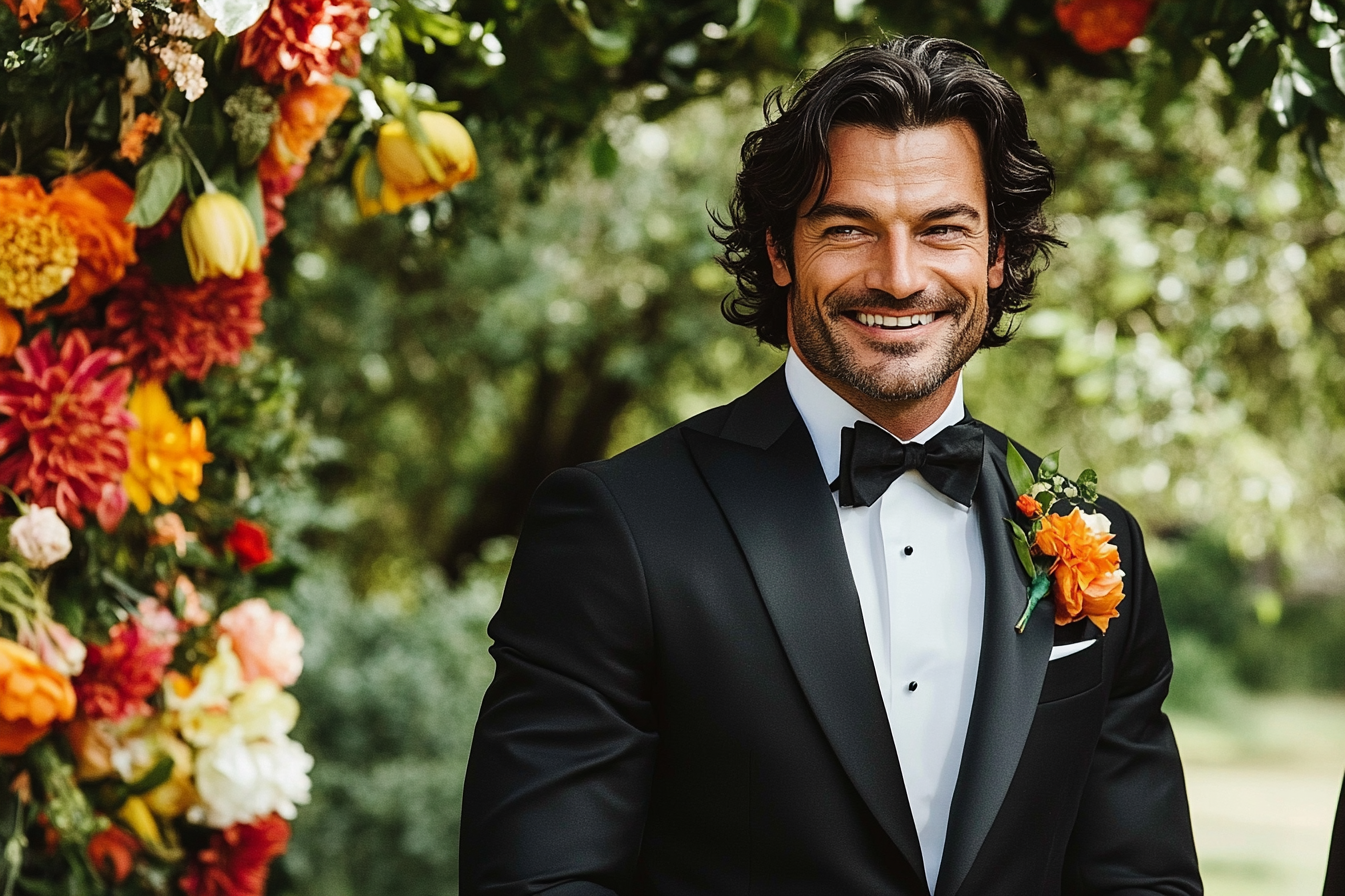 A man waiting for a bride behind a flowery canopy | Source: Midjourney