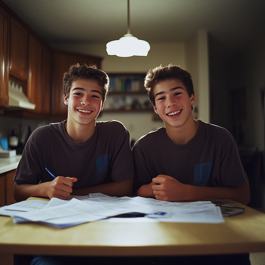 Happy twins in matching shirts | Source: Midjourney