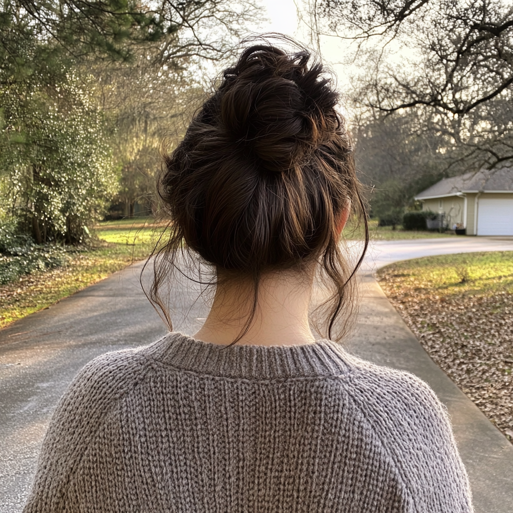 A woman walking down a driveway | Source: Midjourney
