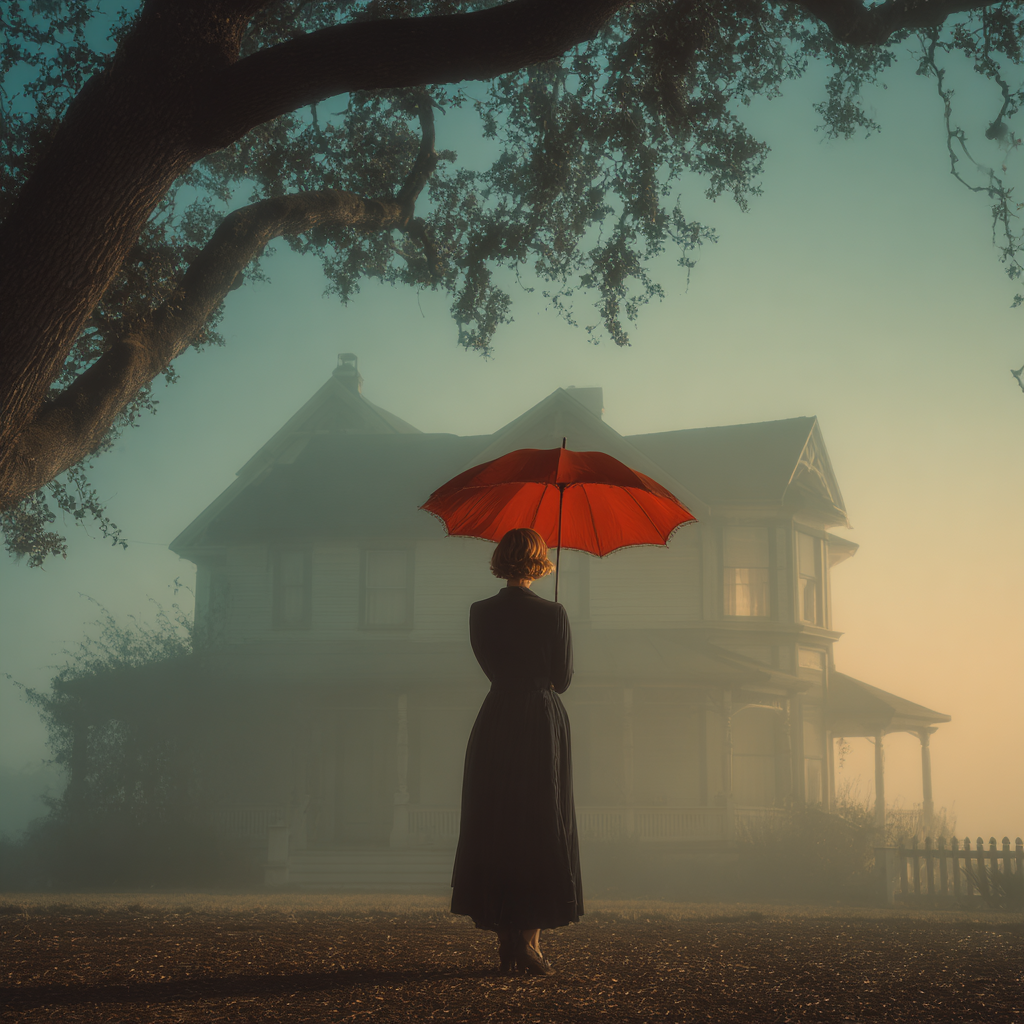 A woman with a red umbrella standing before a house | Source: Midjourney