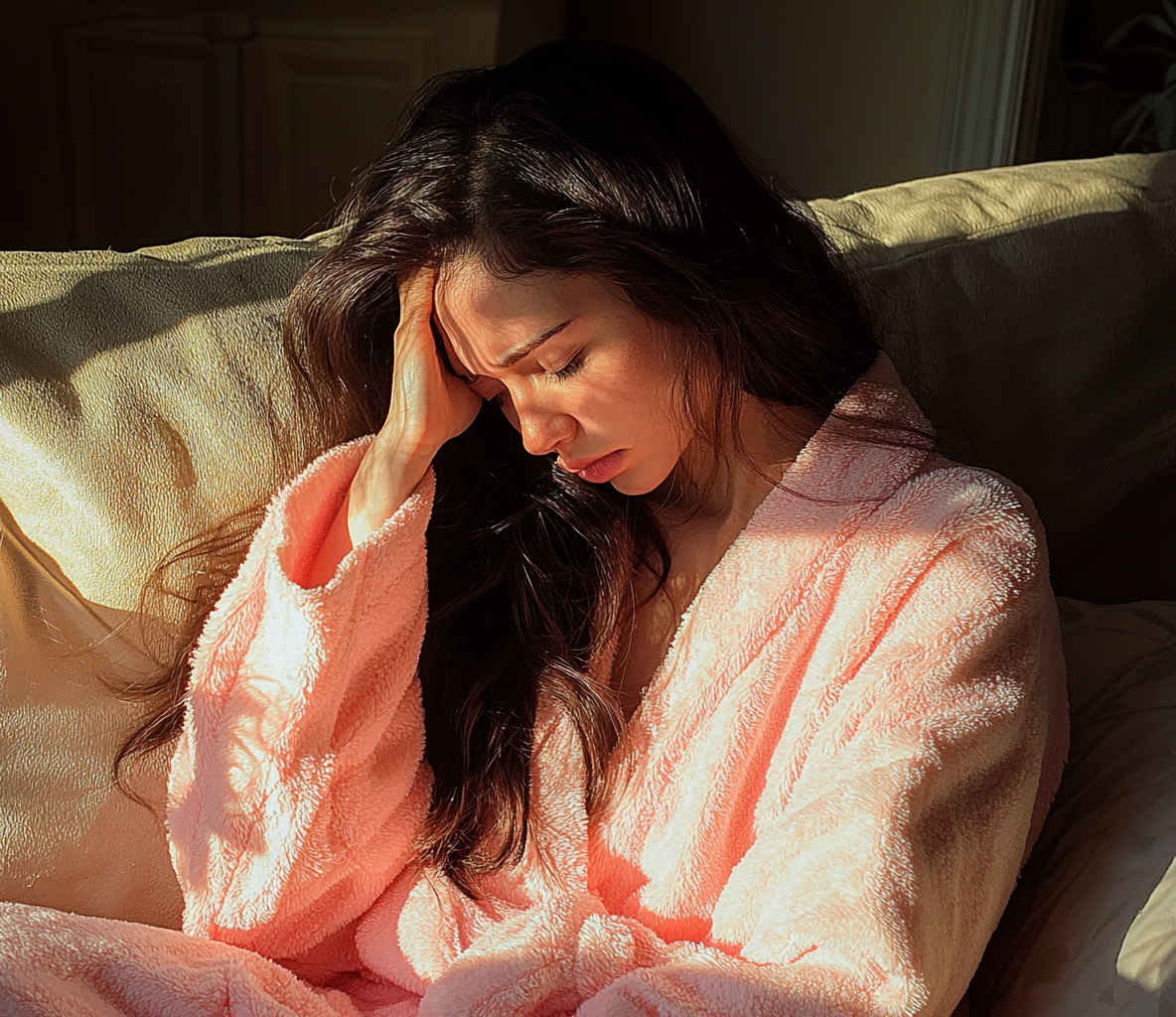 A woman wearing a pink robe and holding her head | Source: Midjourney