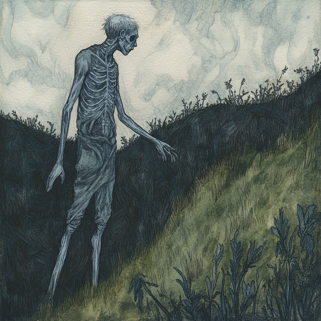 An emaciated man standing on a hillside | Source: Midjourney